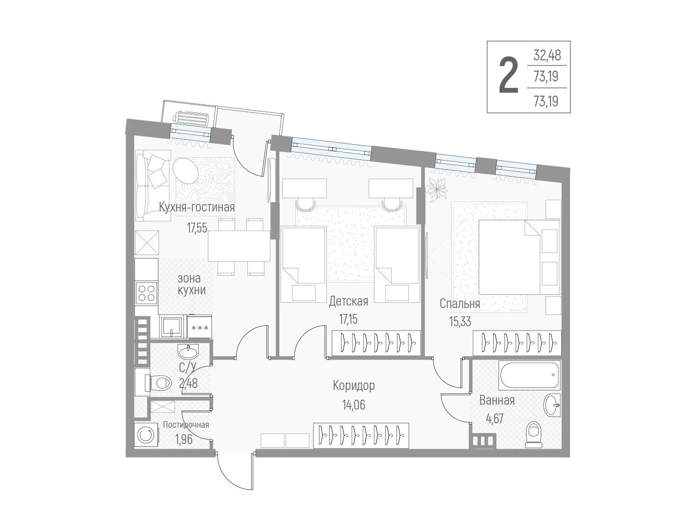 Планировка: 2-комн. квартира 73.00 м² в новостройке Эльйон