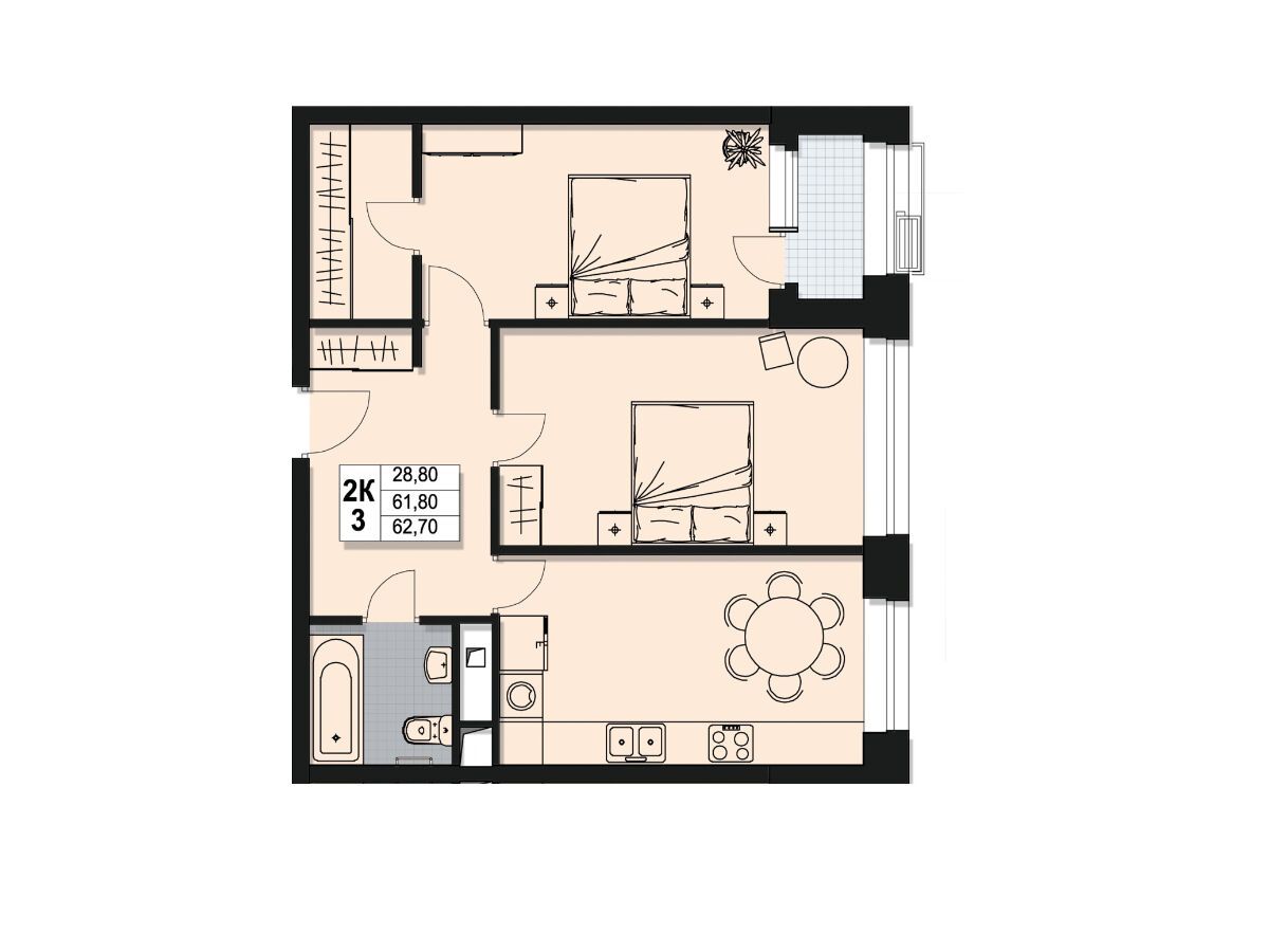 Планировка: 2-комн. квартира 61.80 м² в новостройке Атлантис