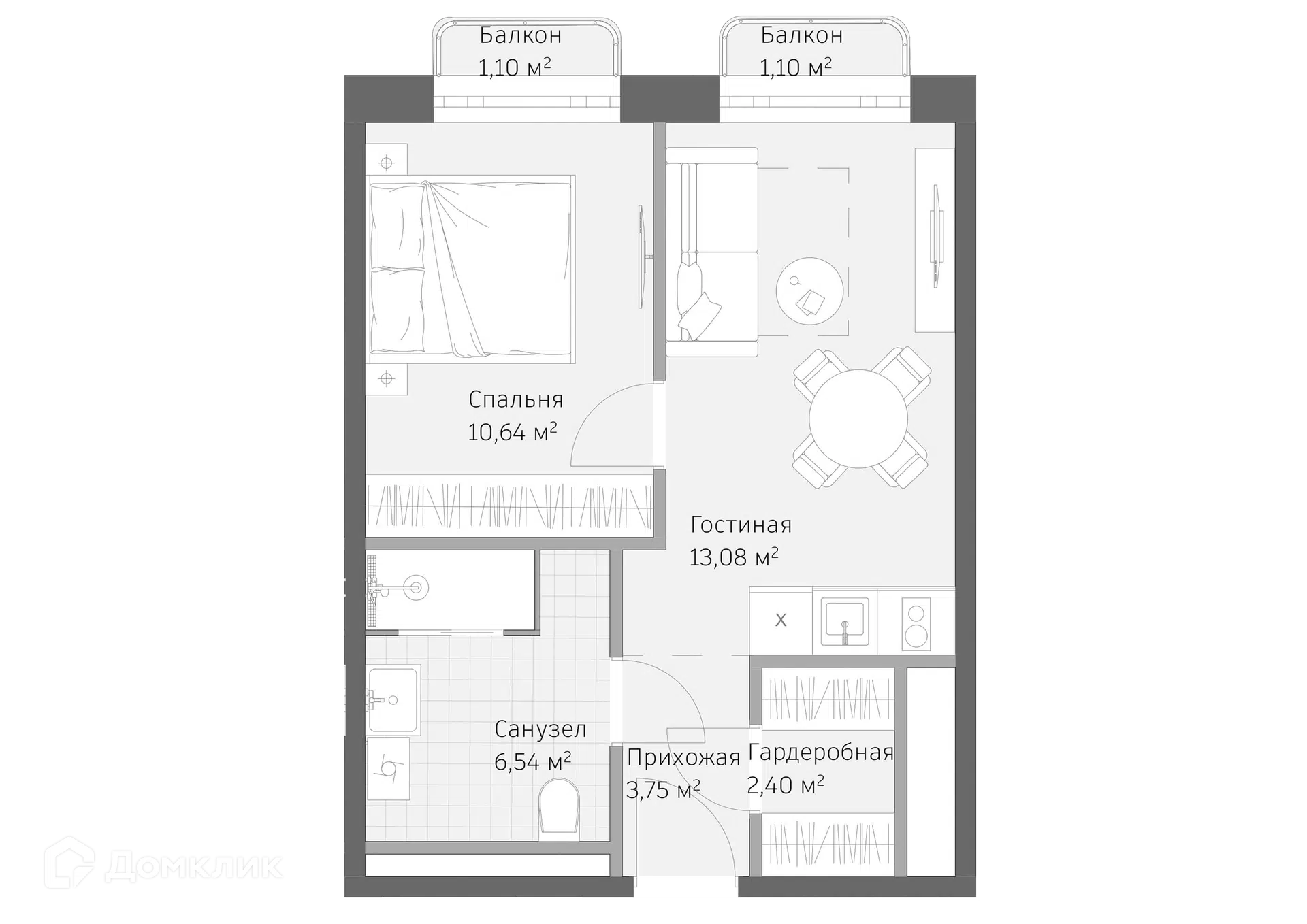 Планировка: 2-комн. квартира 38.61 м² в новостройке Реликт