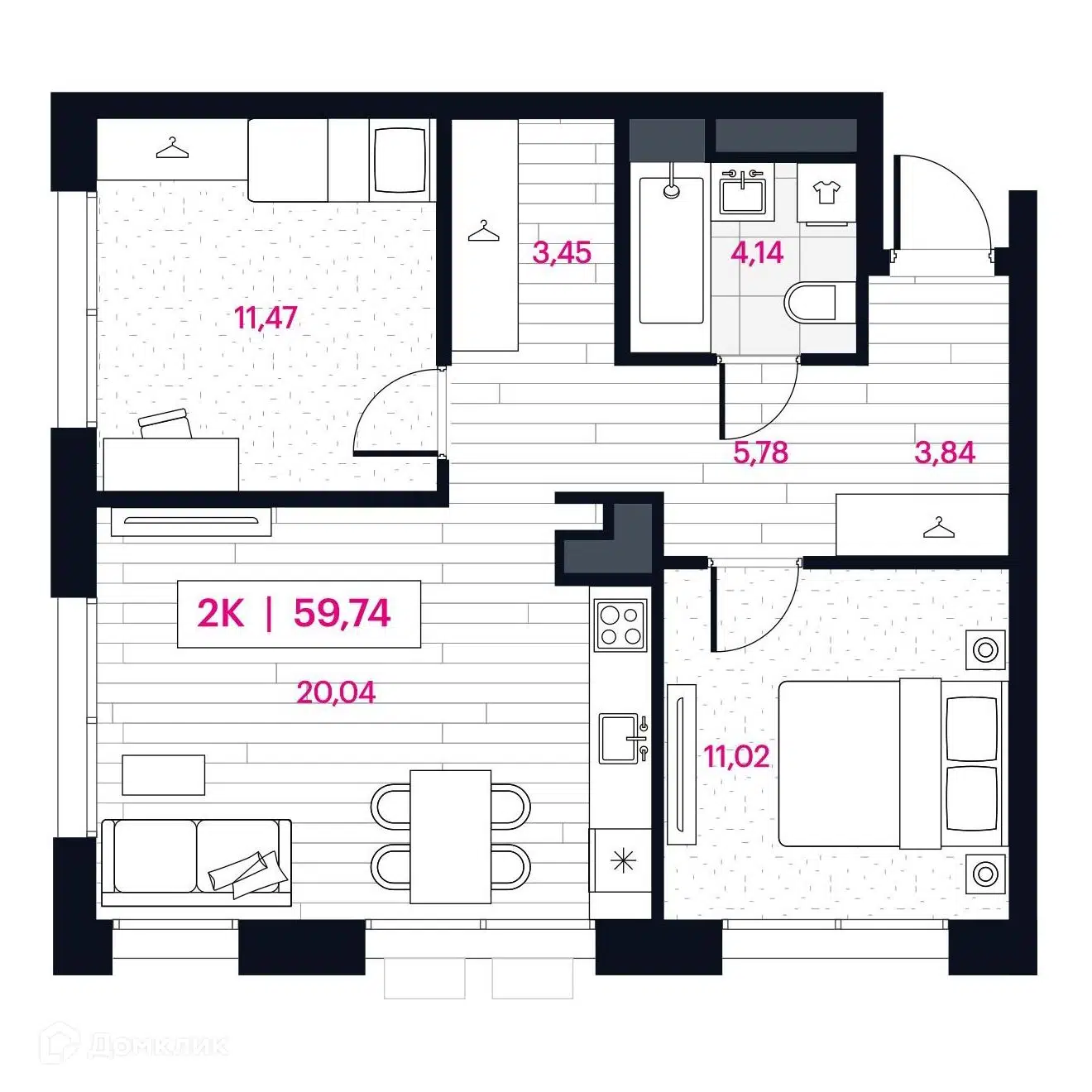 Планировка: 2-комн. квартира 59.74 м² в новостройке Пушкина