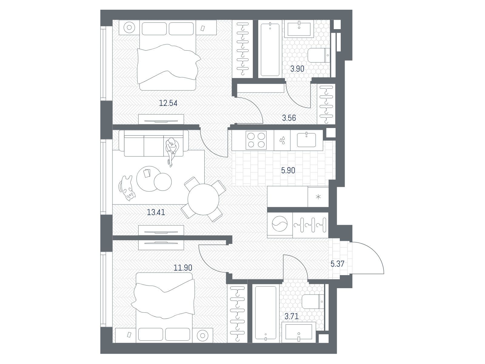 Планировка: 2-комн. квартира 61.78 м² в новостройке ЖК Тейт
