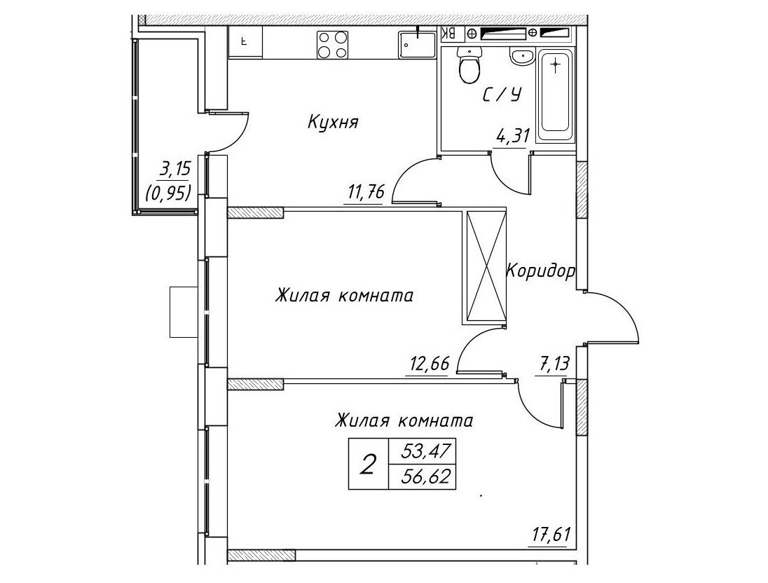 Планировка: 2-комн. квартира 56.62 м² в новостройке Большевик (Дмитров)