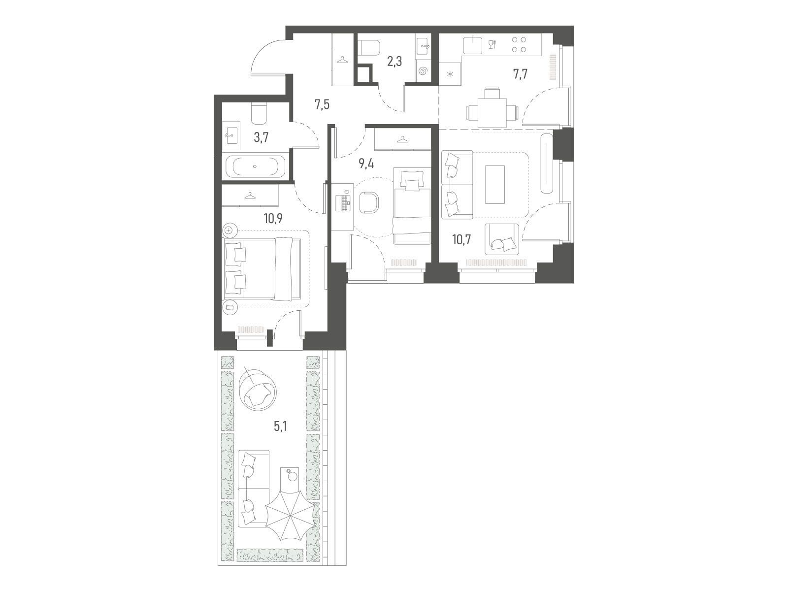 Планировка: 2-комнатная квартира 57.30 м² в новостройке Среда на Лобачевского
