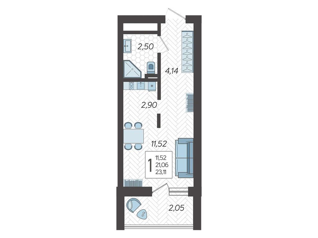 Планировка: Студия 23.70 м² в новостройке Кислород