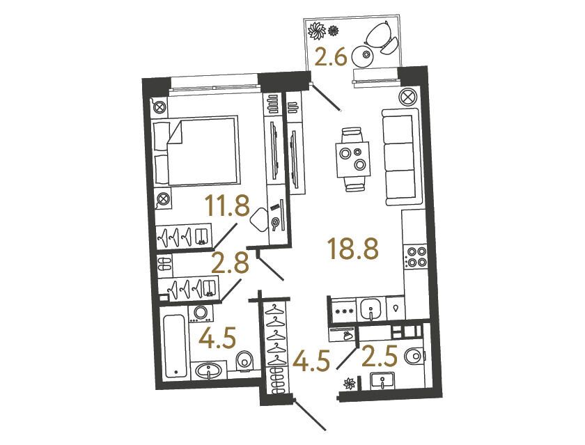 Планировка: 1-комн. квартира 44.90 м² в новостройке Цвет Зеленогорска