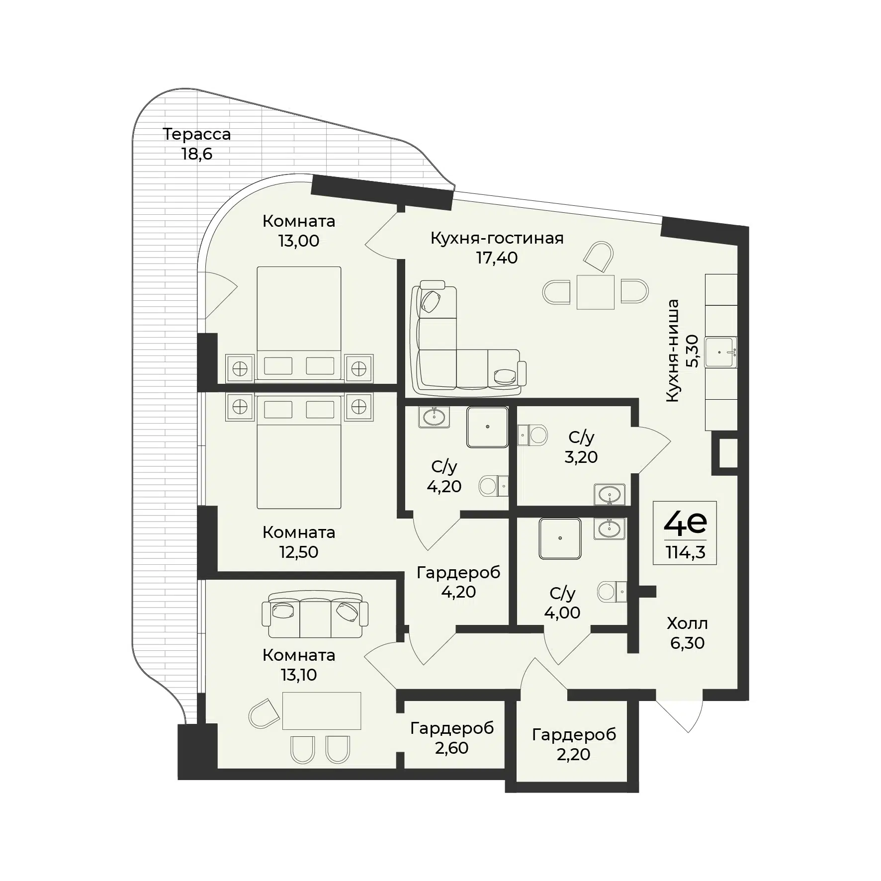 Планировка: 4-комн. квартира 114.30 м² в новостройке ЖК Нега