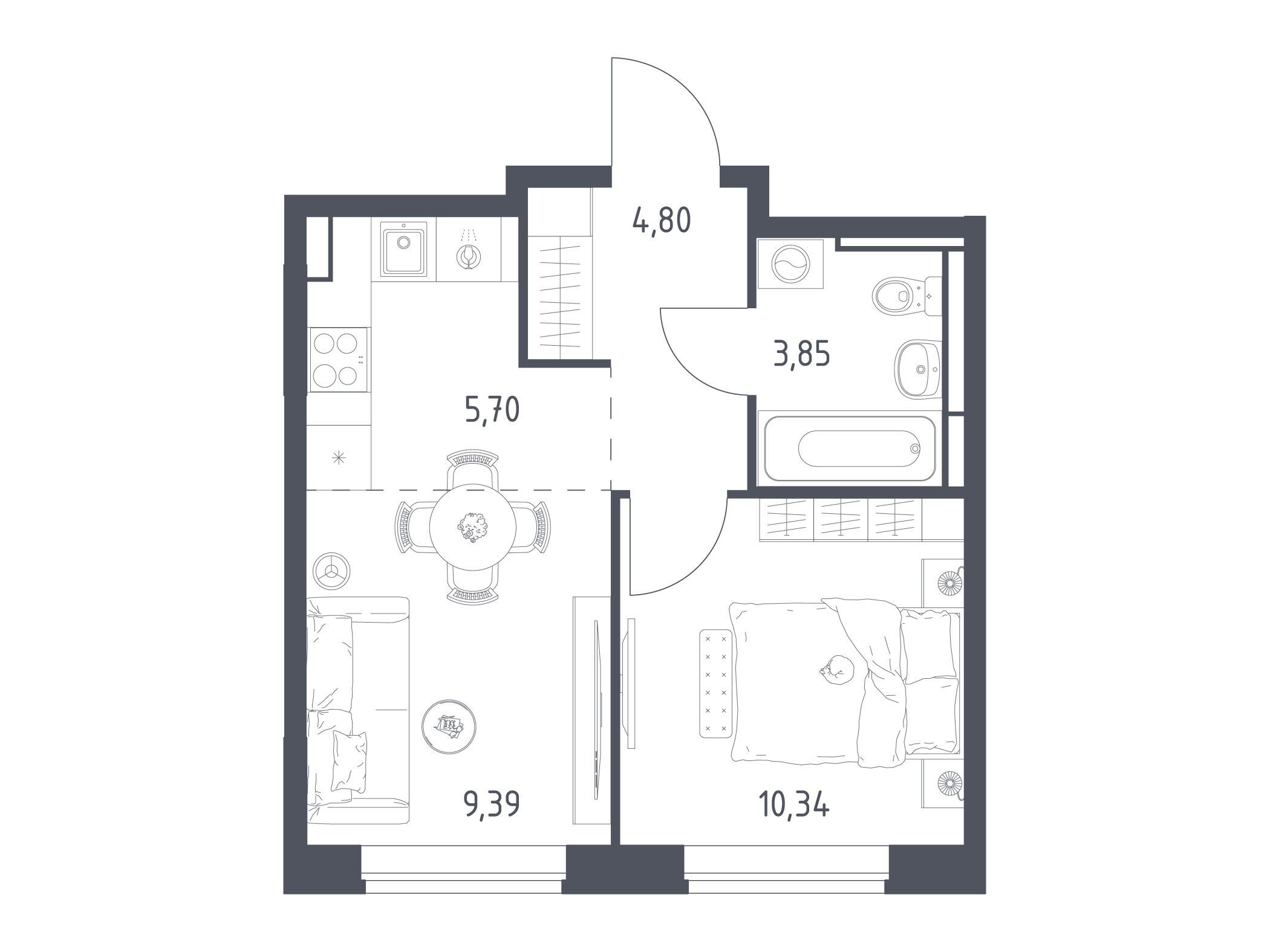 Планировка: 1-комн. квартира 34.08 м² в новостройке Богдановский Лес