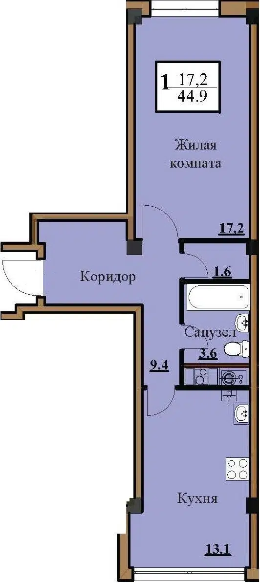 Планировка: 1-комн. квартира 44.40 м² в новостройке Северный-2