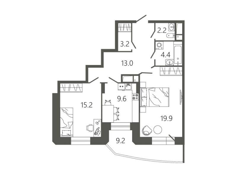 Планировка: 2-комн. квартира 70.30 м² в новостройке Мессиер 18