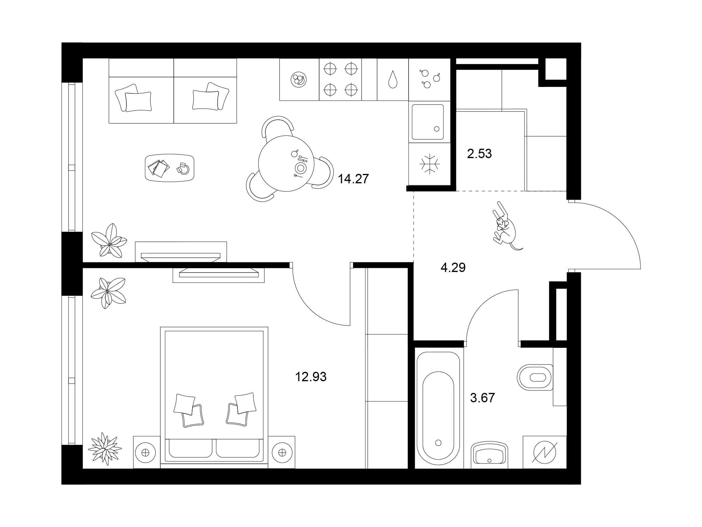 Планировка: 1-комн. квартира 37.69 м² в новостройке Квартал Мит