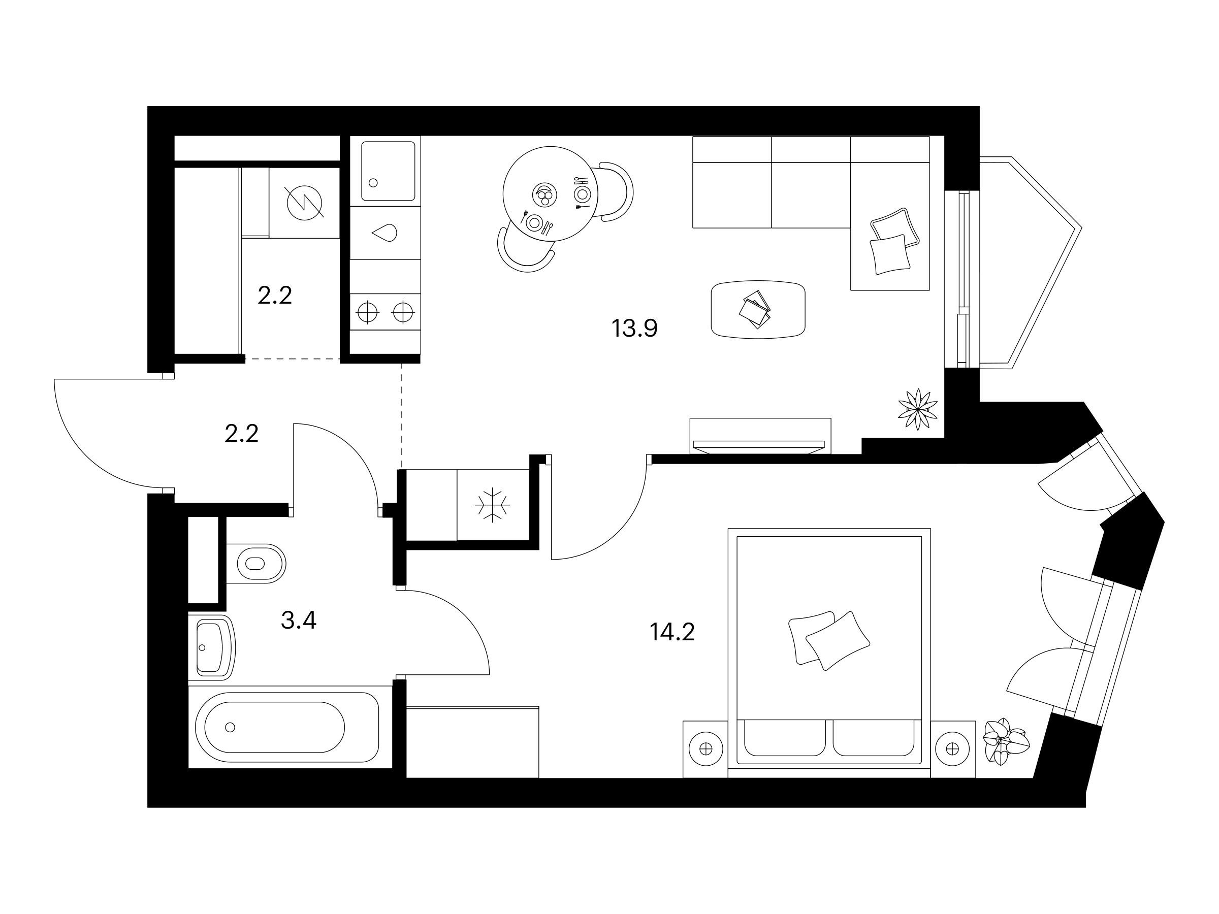 Планировка: 1-комн. квартира 35.90 м² в новостройке Мичуринский парк