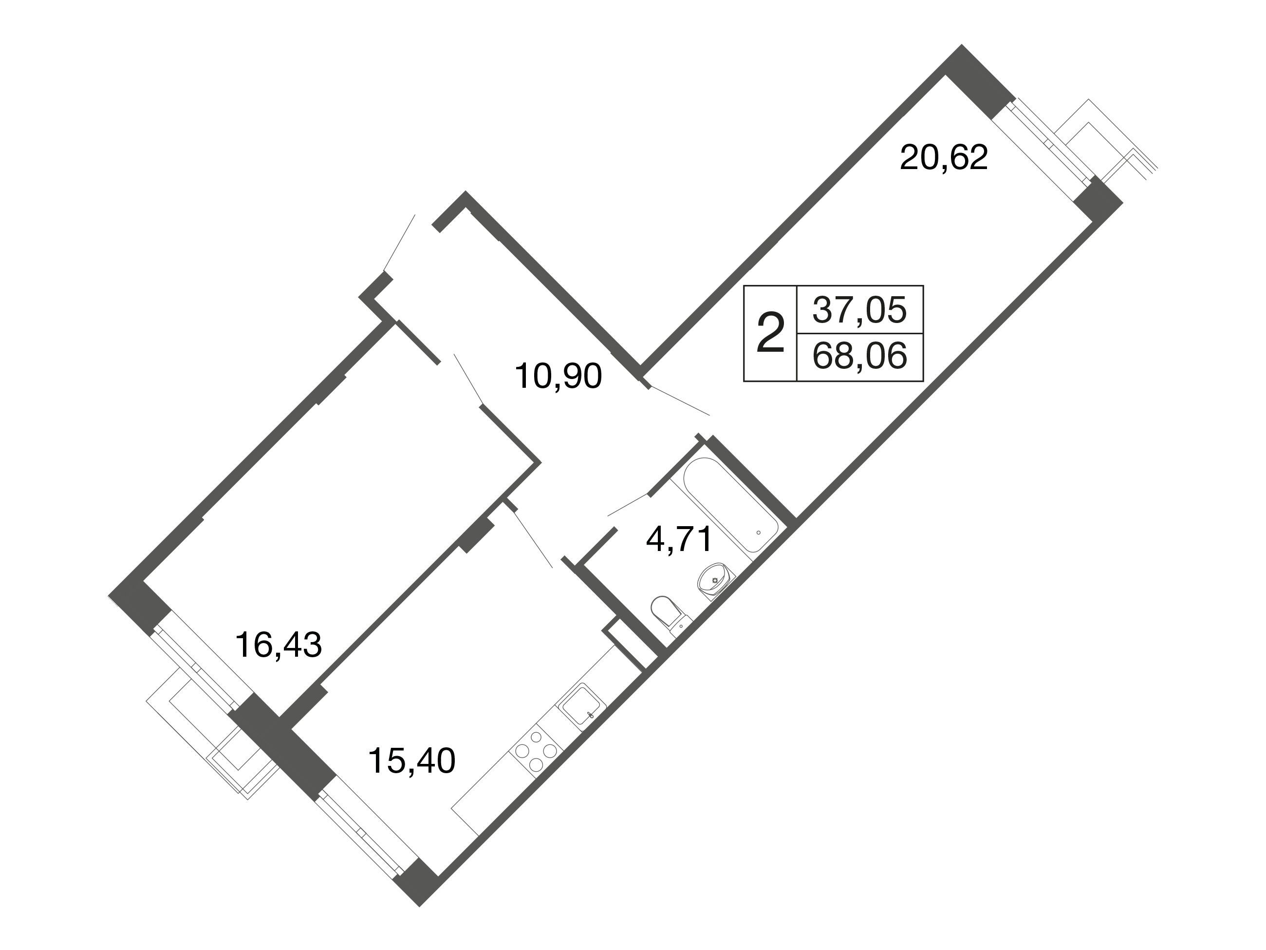 Планировка: 2-комн. квартира 68.00 м² в новостройке Времена года