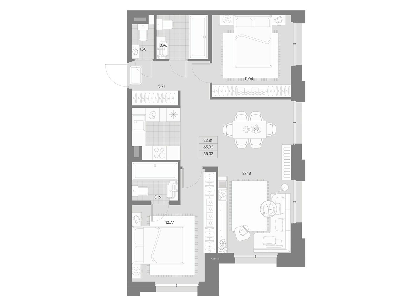 Планировка: 2-комн. квартира 65.32 м² в новостройке Альпен