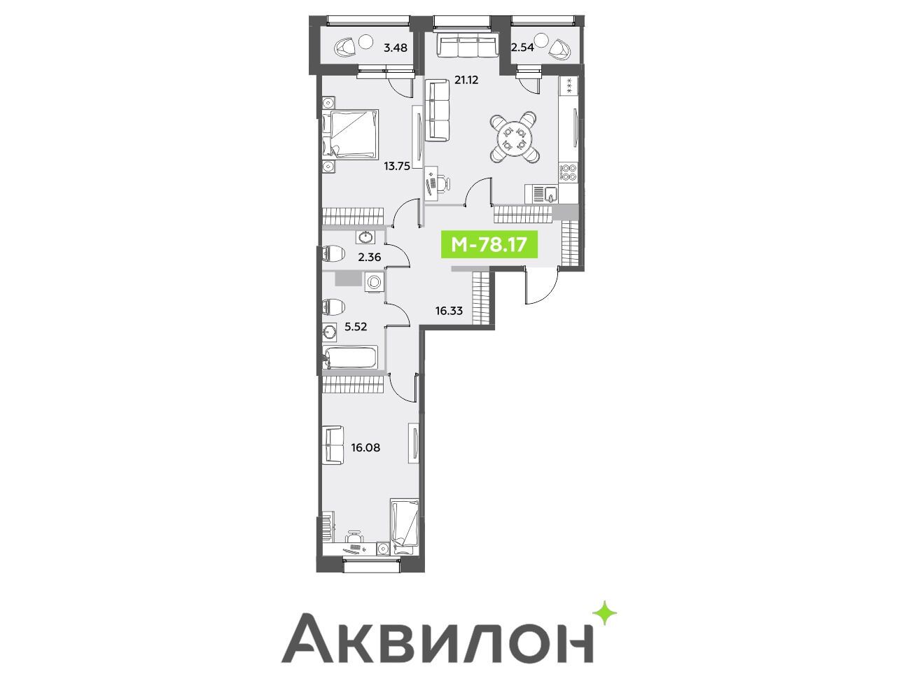 Планировка: 3-комн. квартира 79.80 м² в новостройке Аквилон Лив