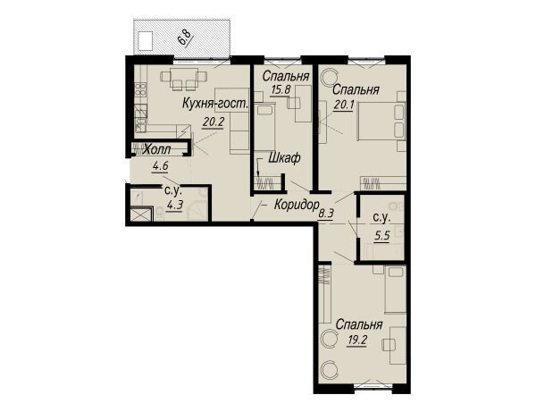 Планировка: 3-комн. квартира 104.50 м² в новостройке Мельцер Холл