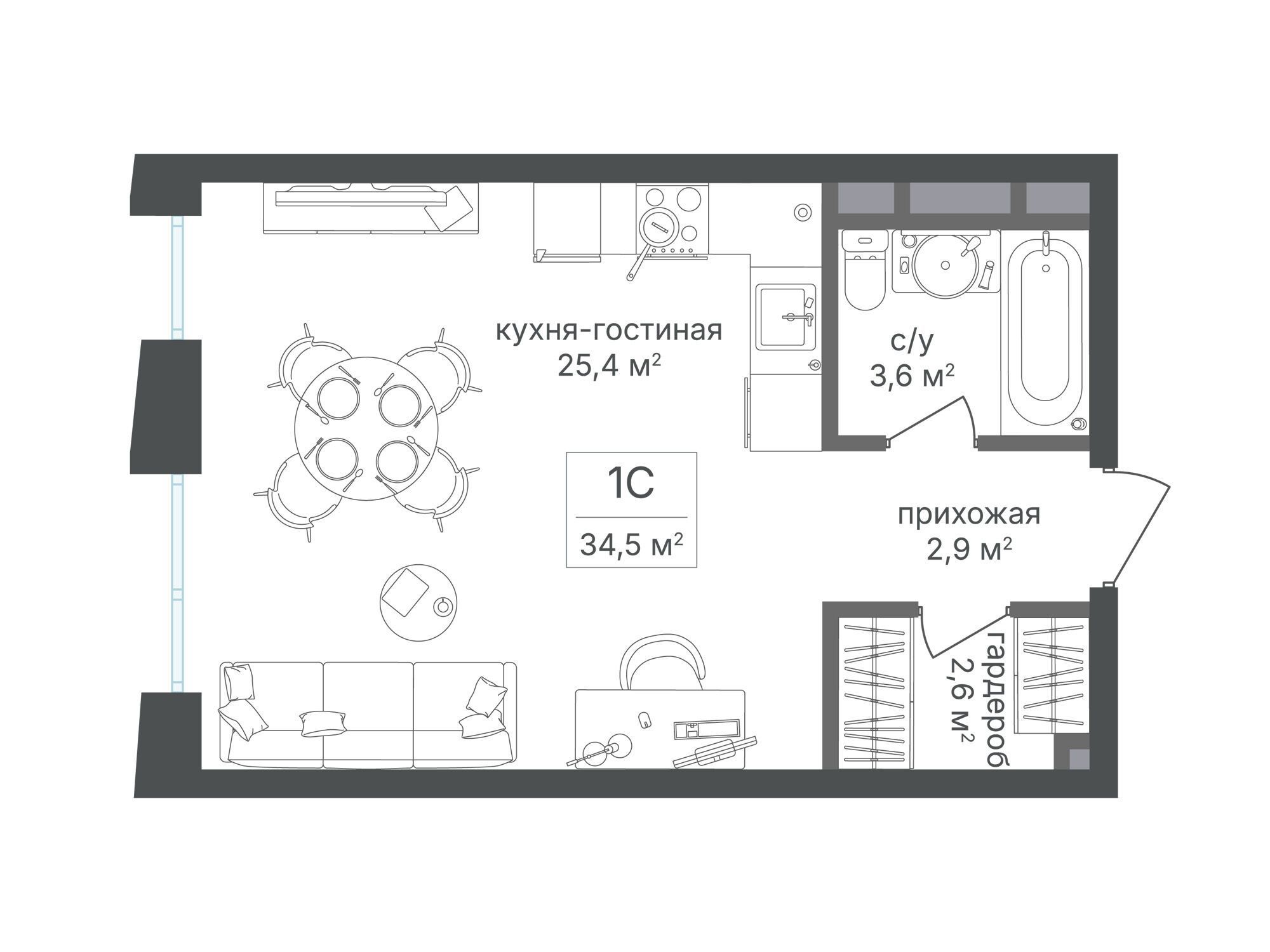 Планировка: Студия 34.40 м² в новостройке ЖК Семеновский парк 2