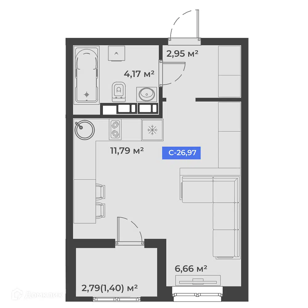 Планировка: Студия 26.97 м² в новостройке Соловей