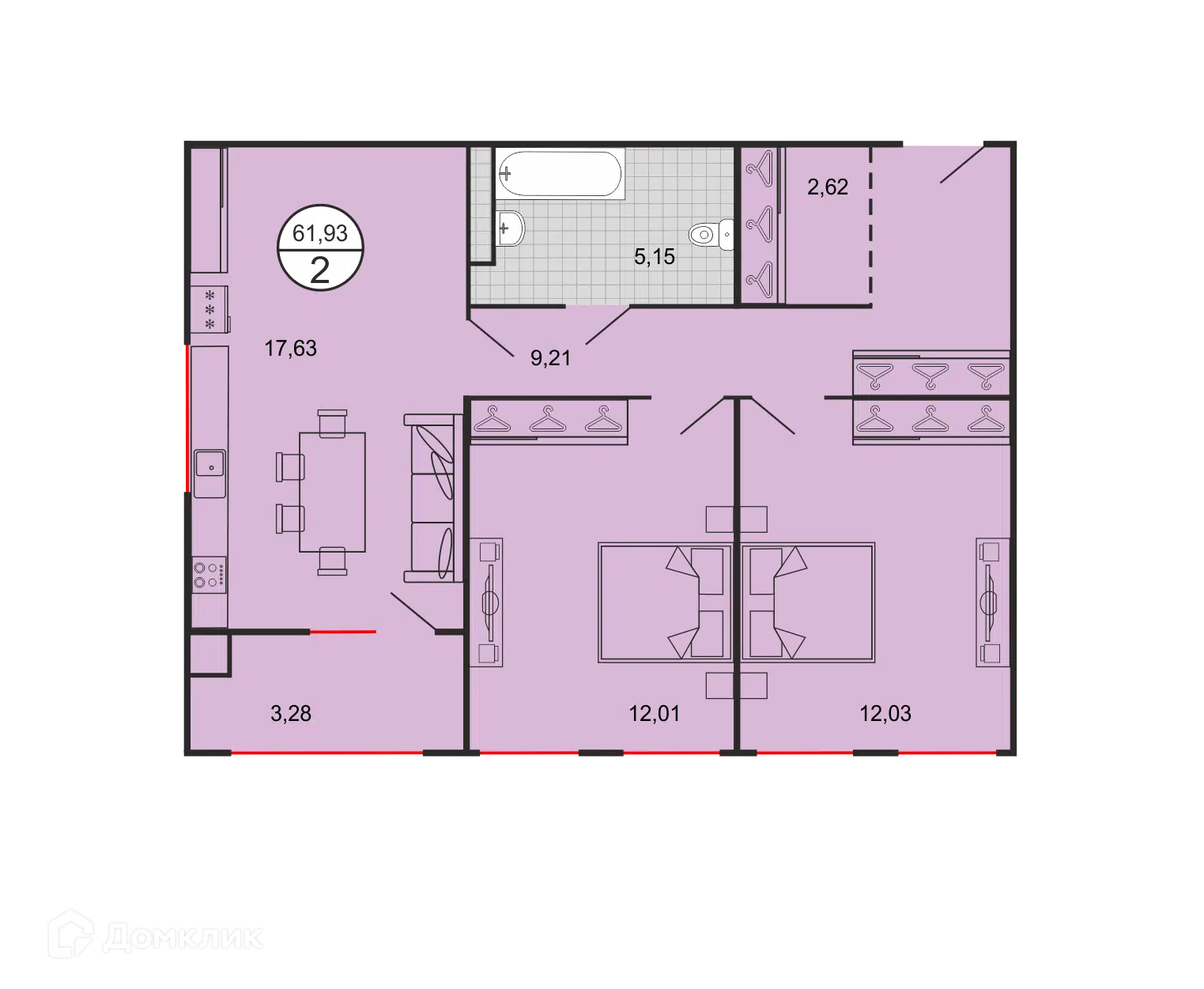 Планировка: 2-комн. квартира 61.93 м² в новостройке Дыхание