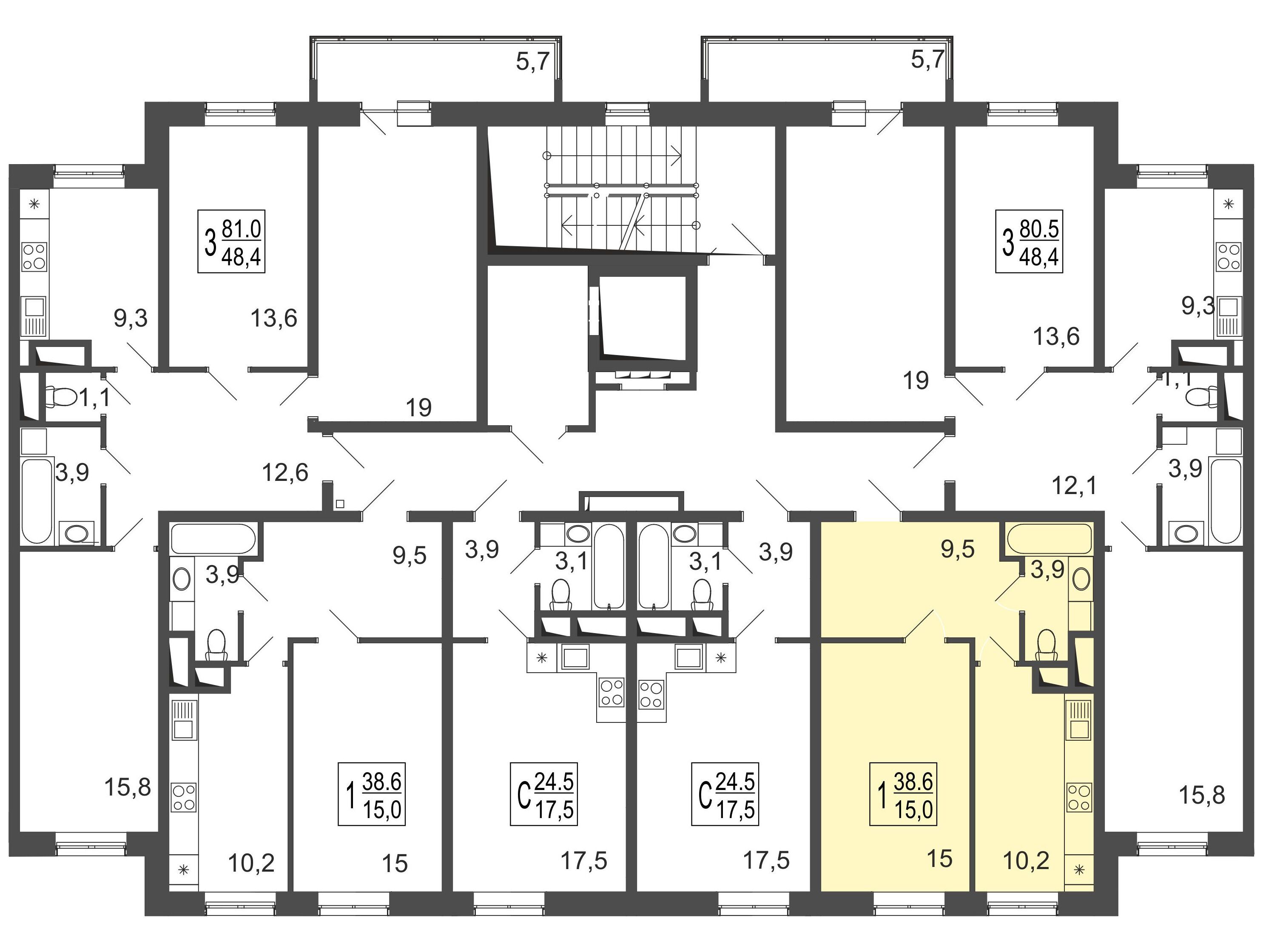 Планировка: 1-комн. квартира 42.10 м² в новостройке Пироговская ривьера