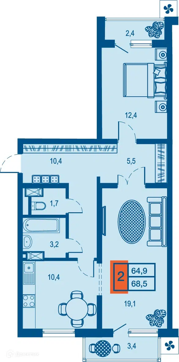 Планировка: 2-комн. квартира 64.90 м² в новостройке Дом у озера