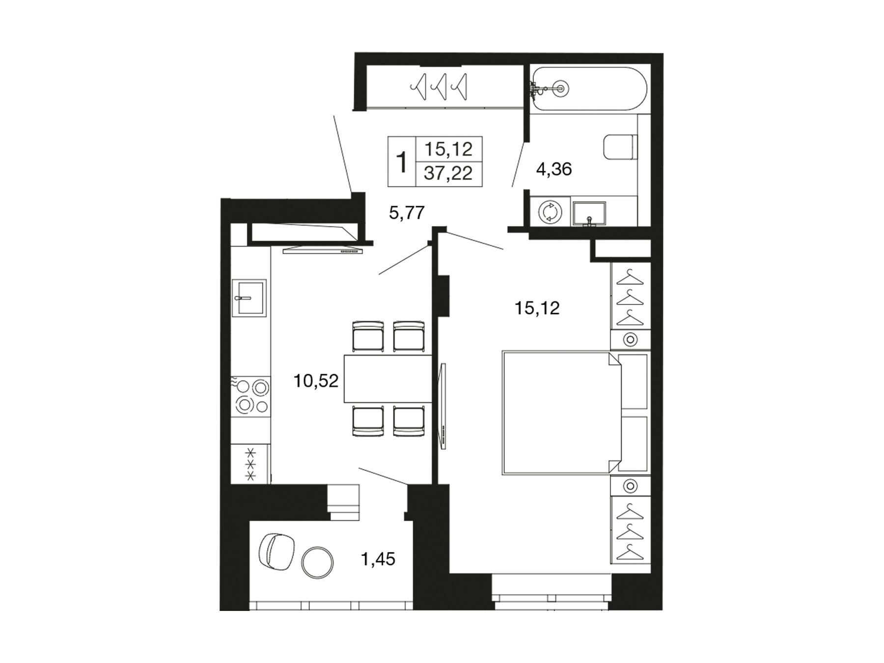 Планировка: 1-комн. квартира 35.70 м² в новостройке Времена года