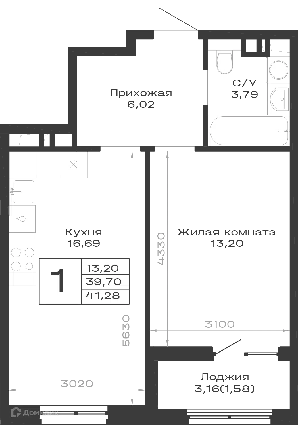 Планировка: 1-комн. квартира 41.28 м² в новостройке Суворов