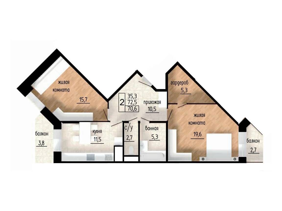Планировка: 2-комн. квартира 72.50 м² в новостройке Литейный