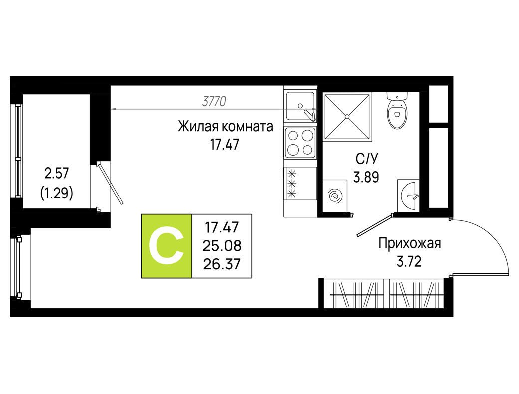 Планировка: 1-комн. квартира 26.37 м² в новостройке Имена