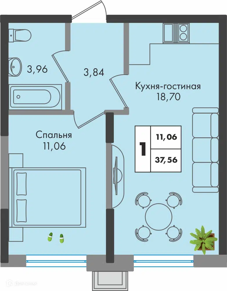 Планировка: 1-комн. квартира 37.56 м² в новостройке Зелёная территория