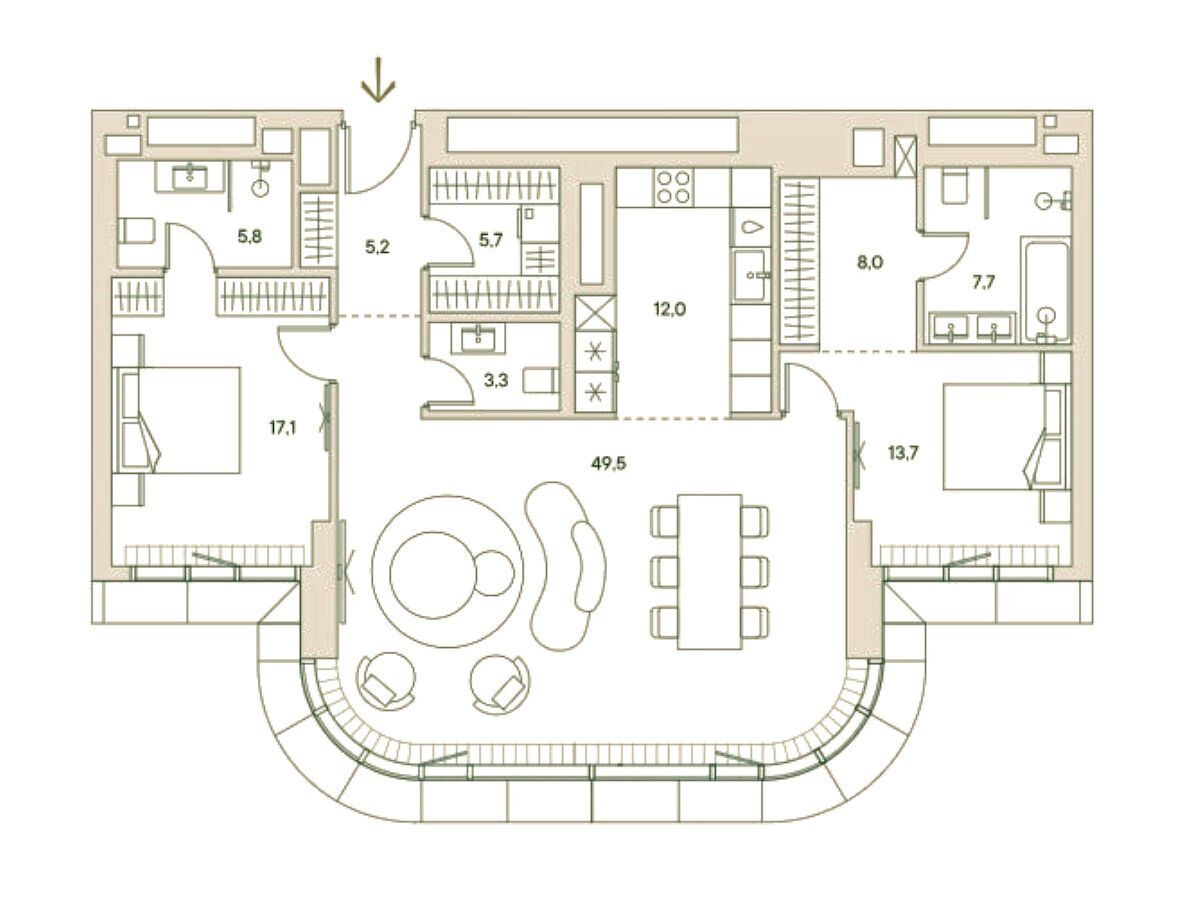Планировка: 3-комн. квартира 130.30 м² в новостройке Спрингс
