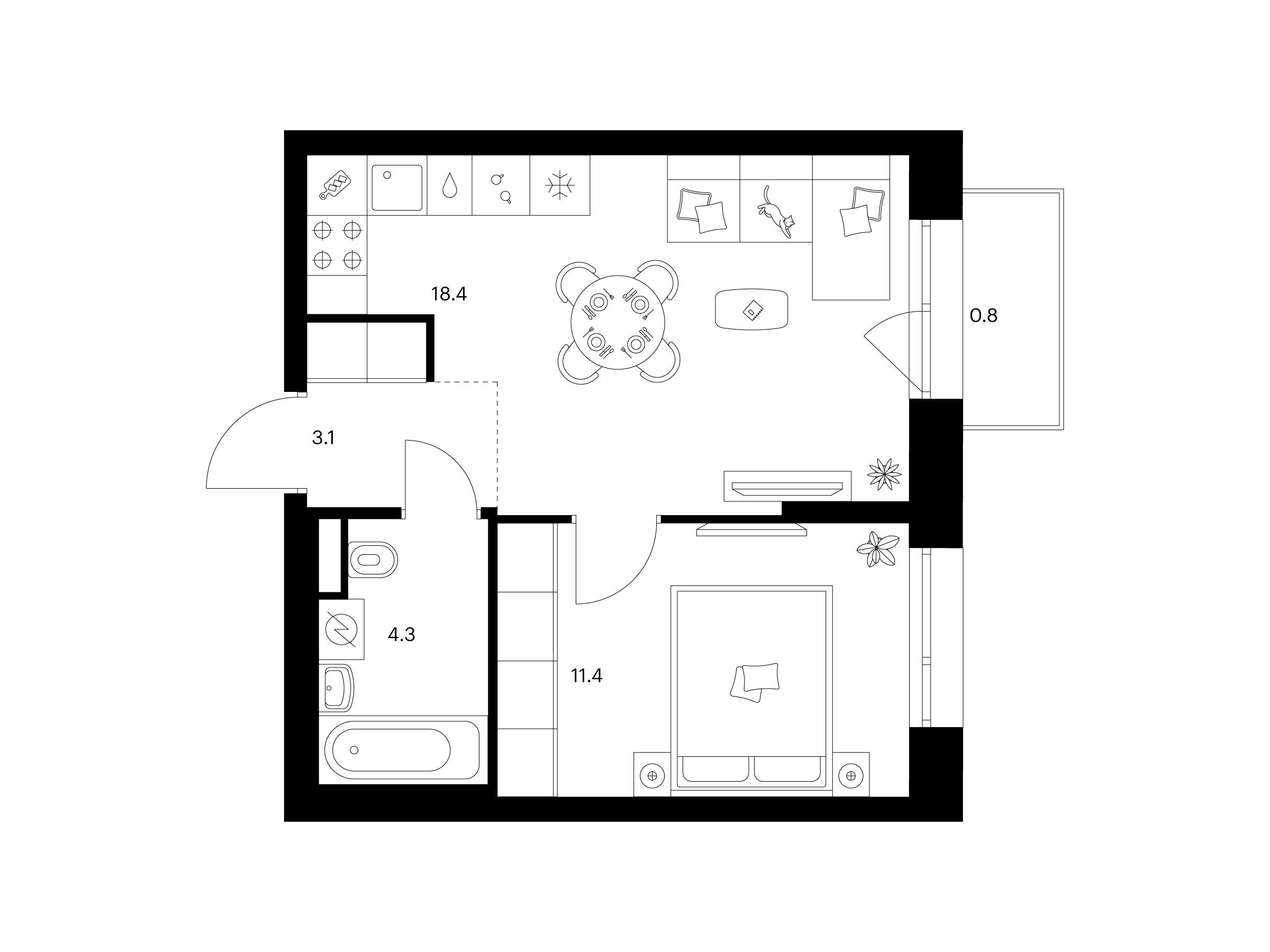 Планировка: 1-комн. квартира 38.00 м² в новостройке Середневский лес