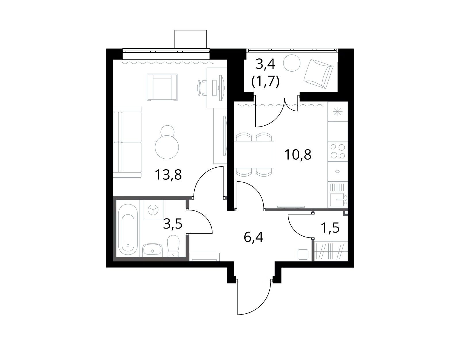 Планировка: 1-комн. квартира 37.70 м² в новостройке 1-й Южный