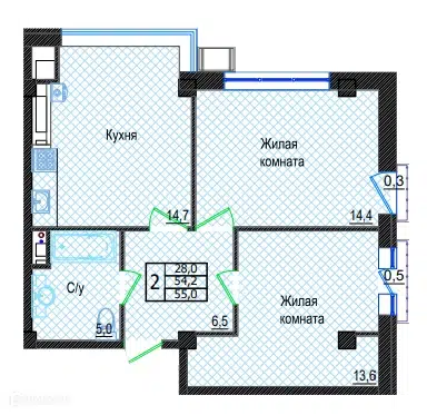 Планировка: 2-комн. квартира 55.00 м² в новостройке Резиденция