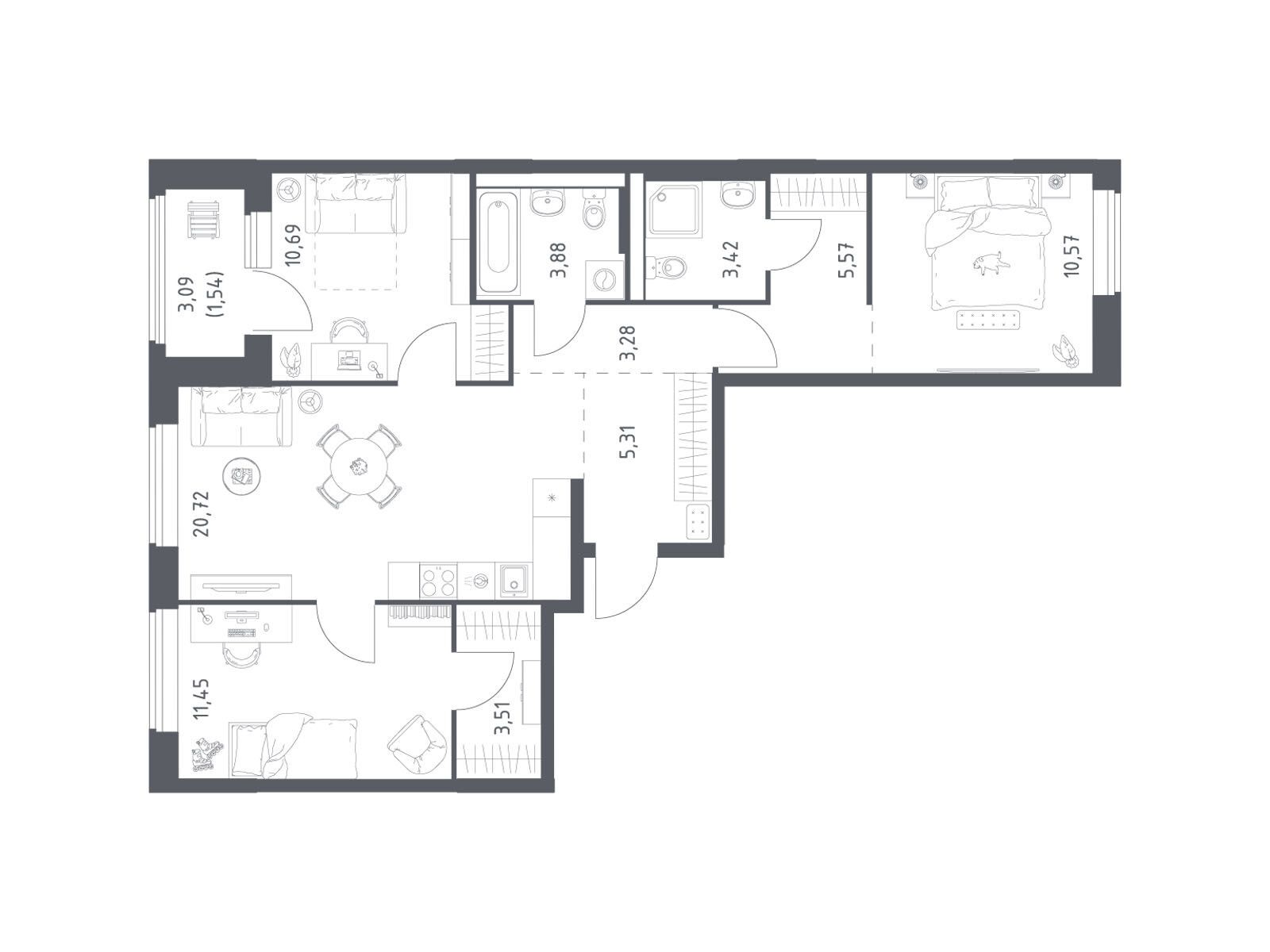 Планировка: 3-комн. квартира 79.94 м² в новостройке Большое Юрлово