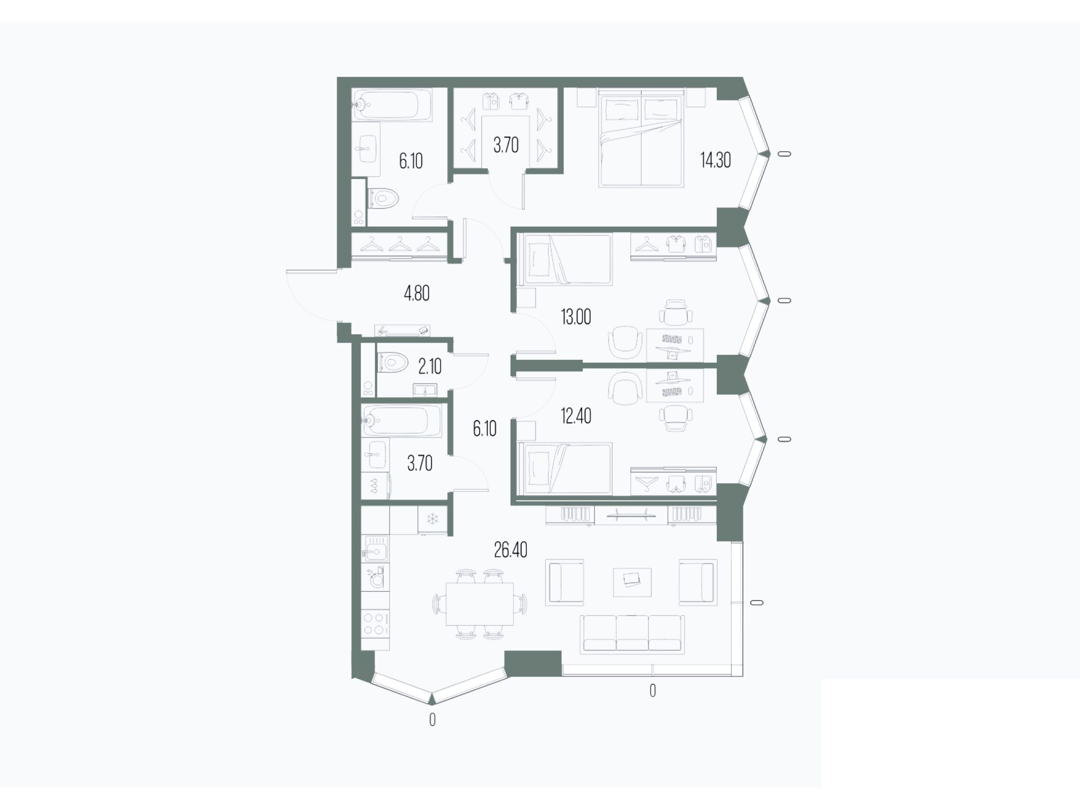Планировка: 3-комн. квартира 92.60 м² в новостройке Северный Порт