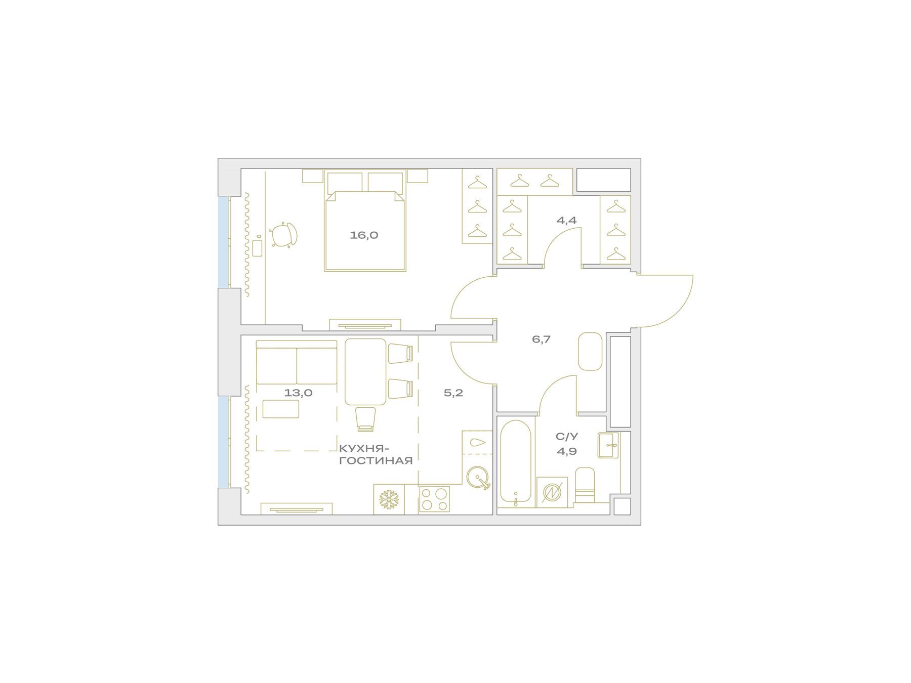 Планировка: 1-комн. квартира 50.20 м² в новостройке Детали