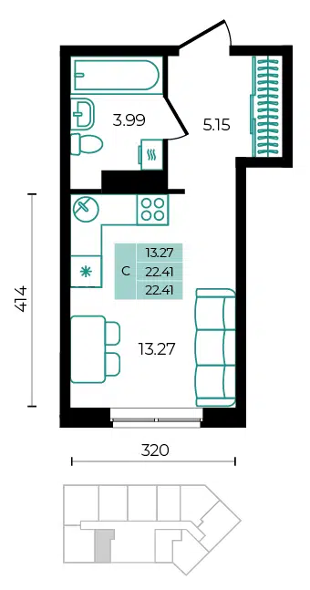 Планировка: Студия 22.41 м² в новостройке ЖК Курортный Регион