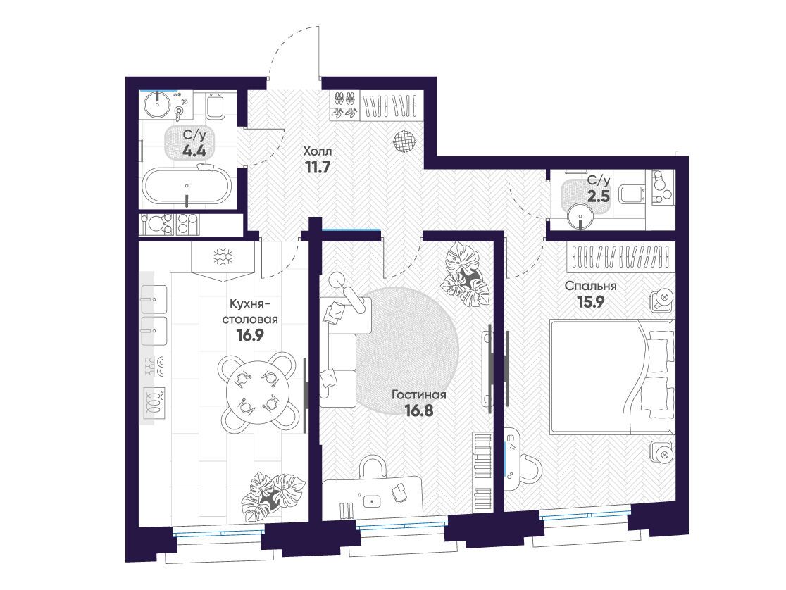 Планировка: 2-комн. квартира 68.20 м² в новостройке Мариинка Делюкс