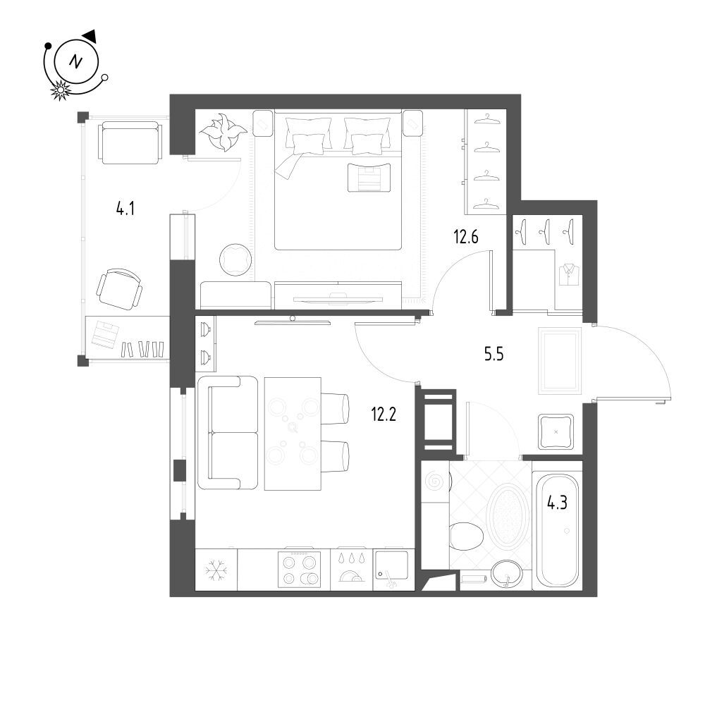 Планировка: 1-комн. квартира 35.80 м² в новостройке Монография