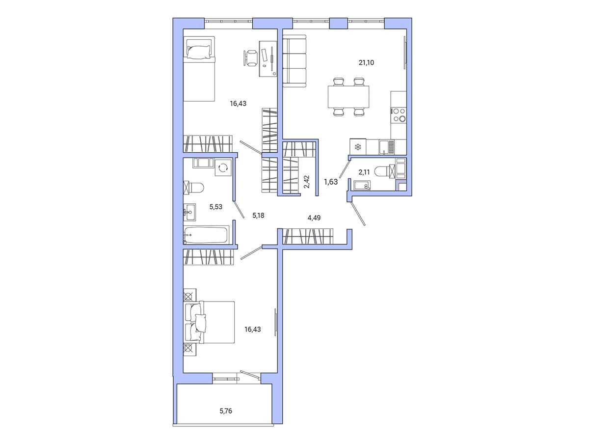 Планировка: 2-комн. квартира 78.50 м² в новостройке АйКью Гатчина