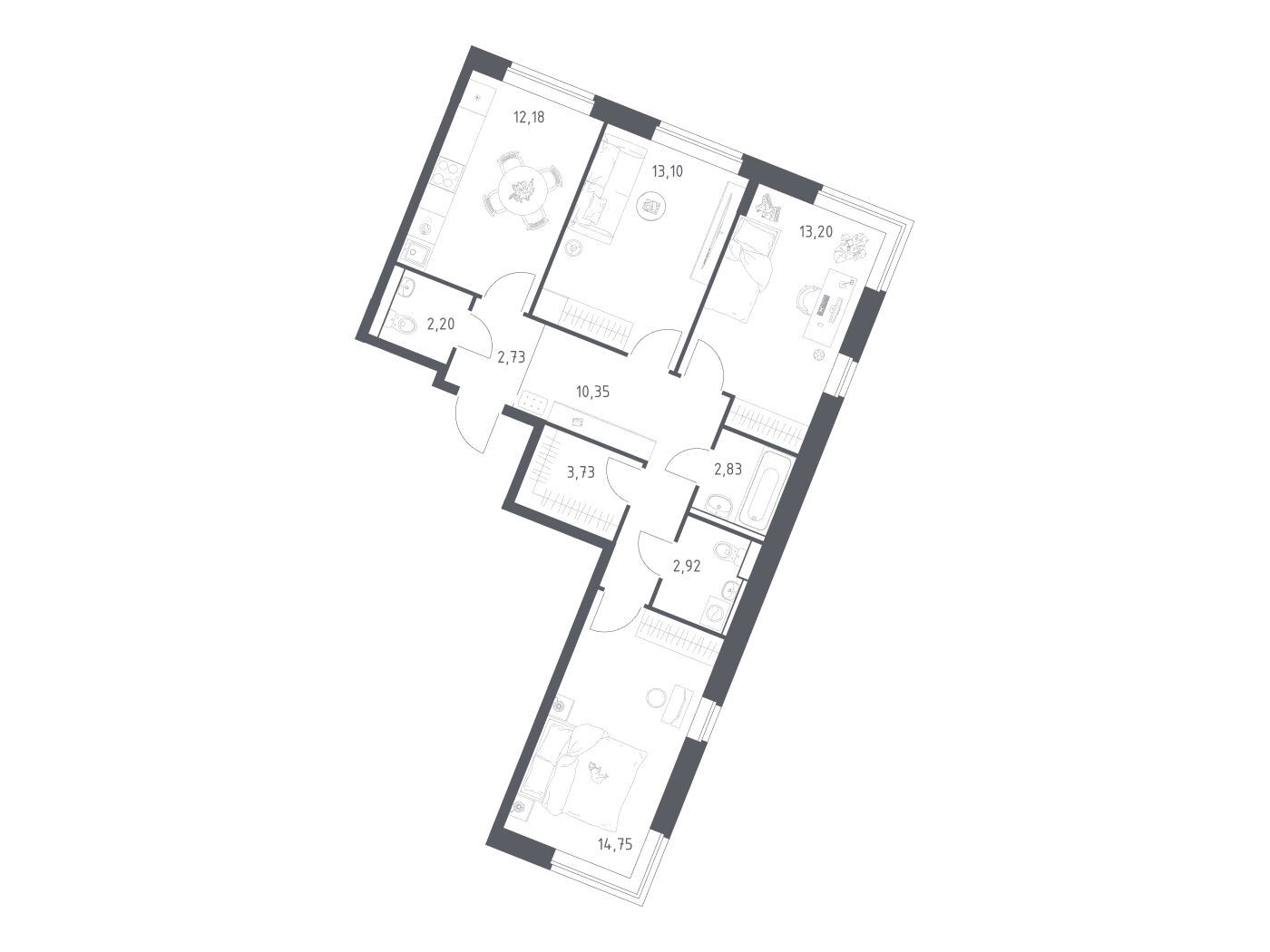 Планировка: 3-комн. квартира 77.99 м² в новостройке Квартал Западный