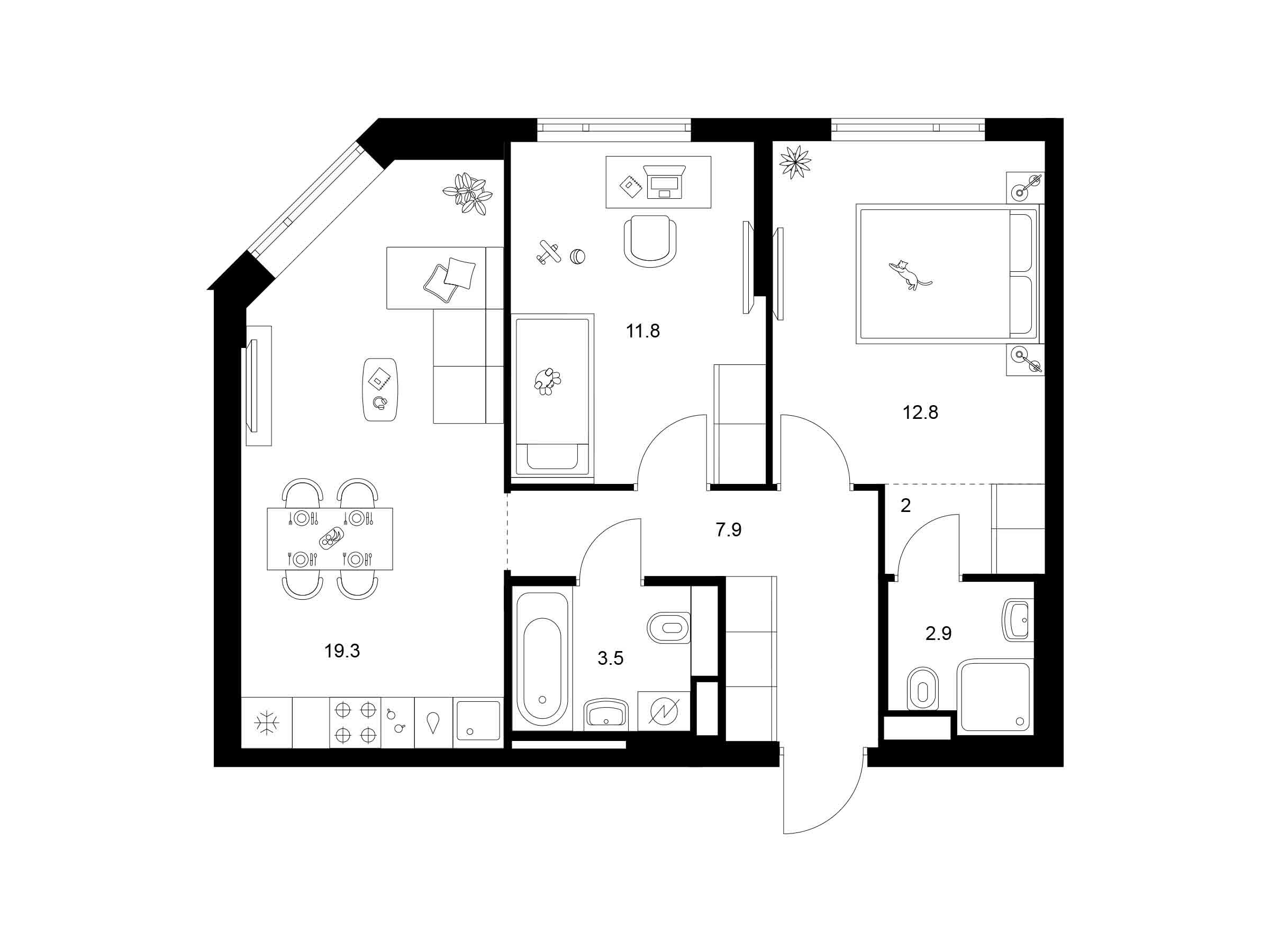Планировка: 2-комн. квартира 60.20 м² в новостройке Руставели 14