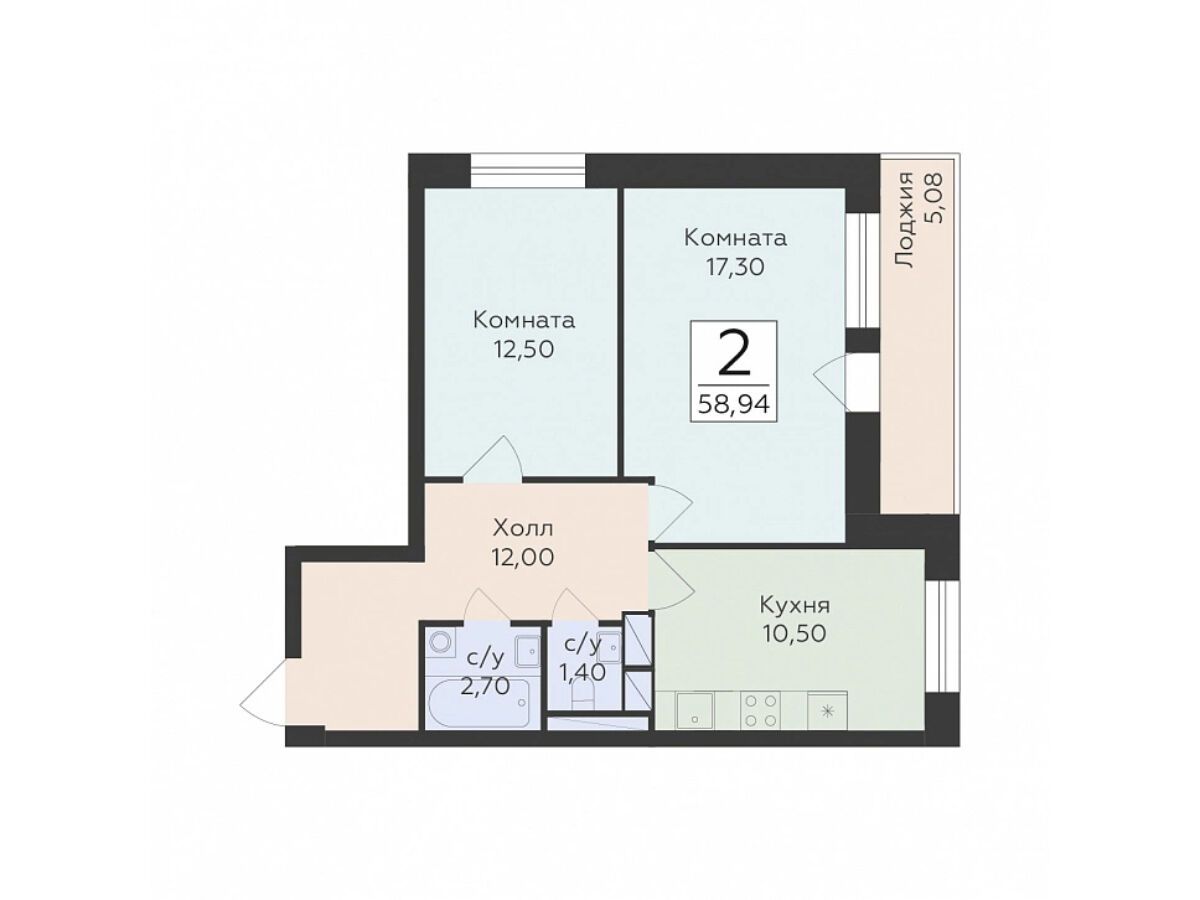 Планировка: 2-комн. квартира 58.94 м² в новостройке Малаховский