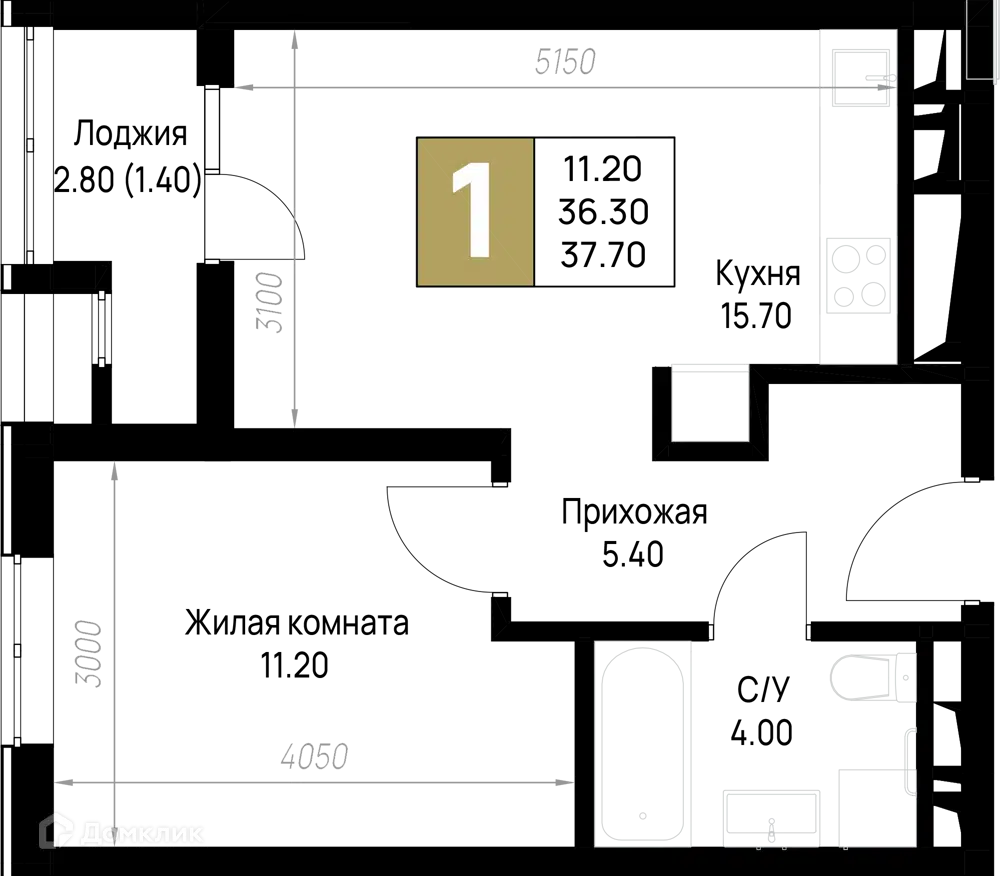 Планировка: 1-комн. квартира 37.70 м² в новостройке На Высоком берегу