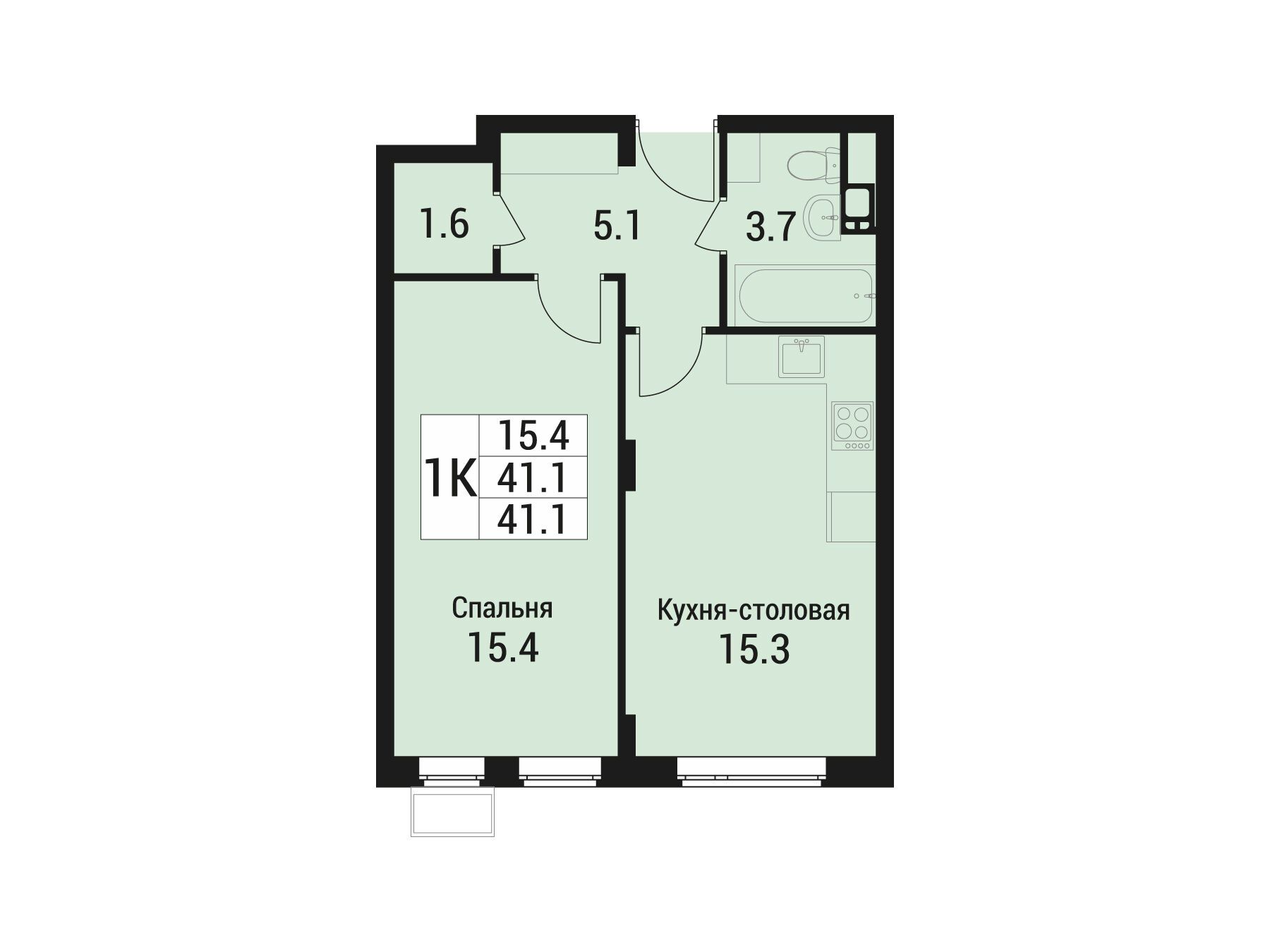 Планировка: 1-комн. квартира 41.10 м² в новостройке Дом в Малаховке