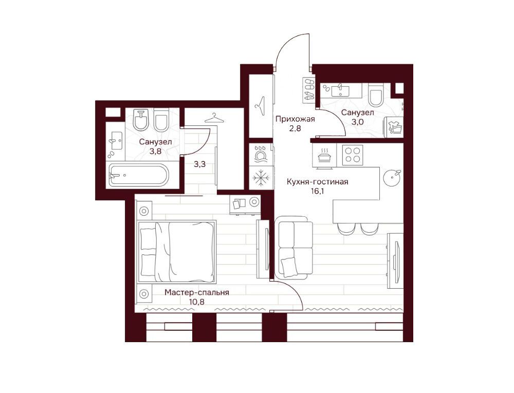 Планировка: 1-комн. квартира 39.80 м² в новостройке Дом 7 Даниловский