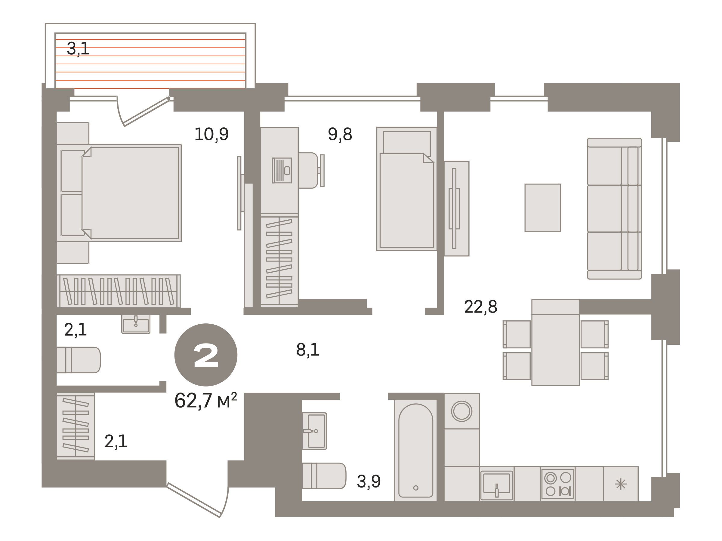 Планировка: 2-комн. квартира 62.70 м² в новостройке Первый квартал