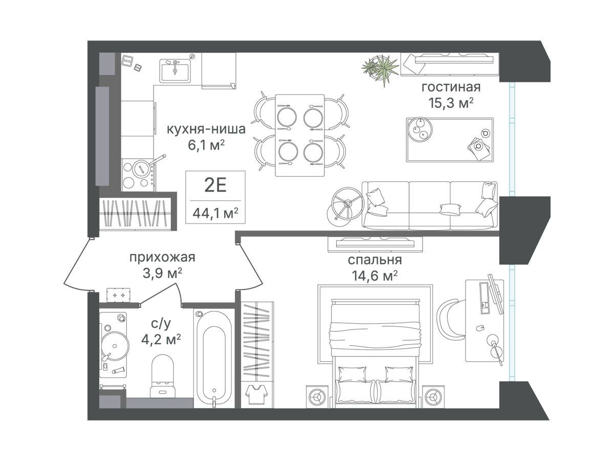Планировка: 1-комн. квартира 44.10 м² в новостройке Петровский парк II