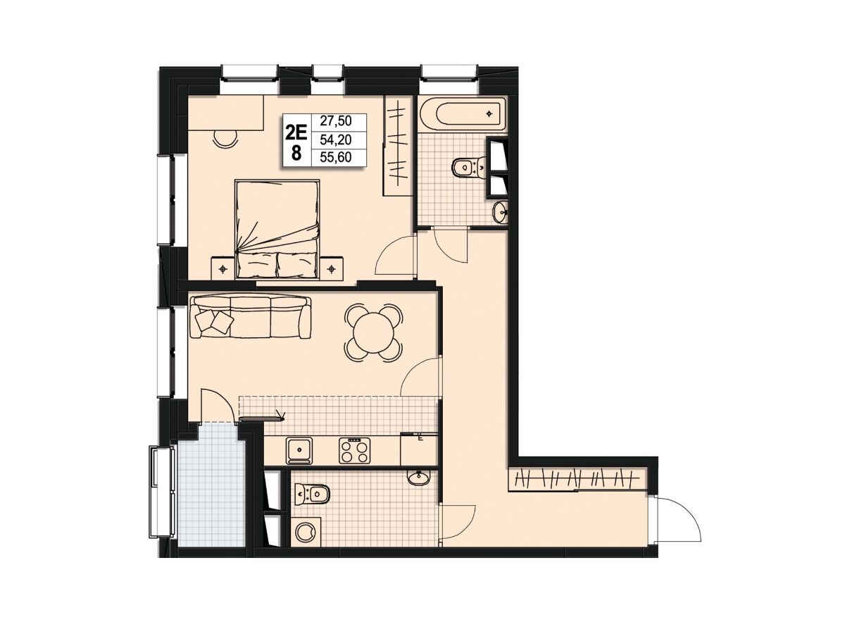 Планировка: 2-комн. квартира 53.70 м² в новостройке Атлантис