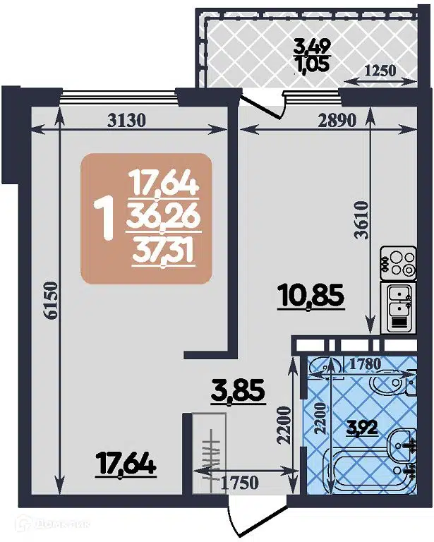 Планировка: 1-комн. квартира 37.31 м² в новостройке Ленинградский квартал